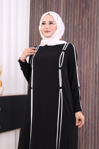 Düğme Detaylı Elbise 3919 Siyah-Ekru - 5