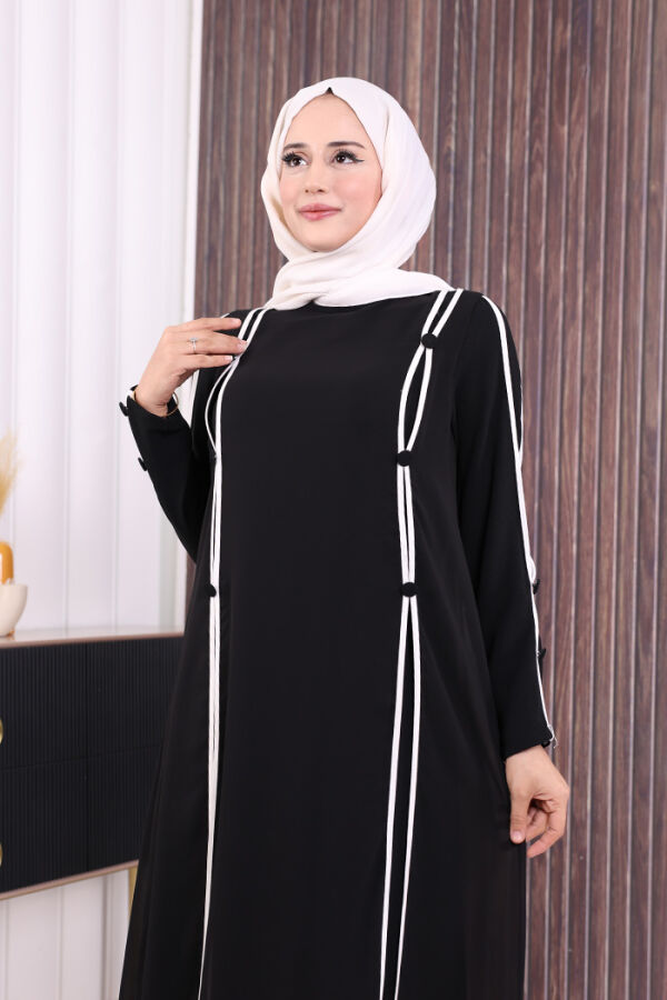 Düğme Detaylı Elbise 3919 Siyah-Ekru - 5
