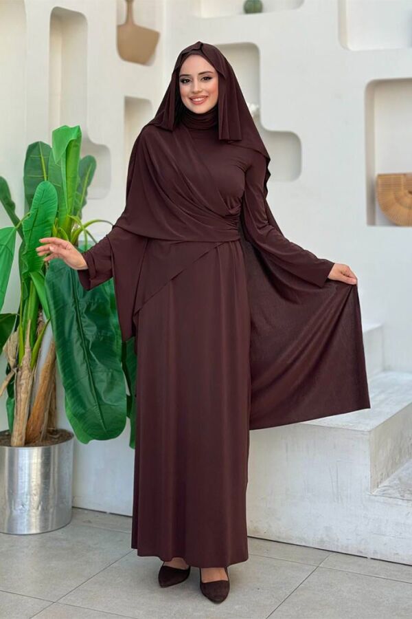 Şallı Drape Detaylı Sandy Elbise 3922 Kahverengi - 1