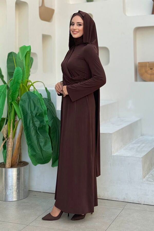 Şallı Drape Detaylı Sandy Elbise 3922 Kahverengi - 3