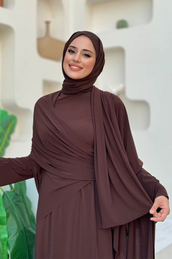 Şallı Drape Detaylı Sandy Elbise 3922 Kahverengi - 4