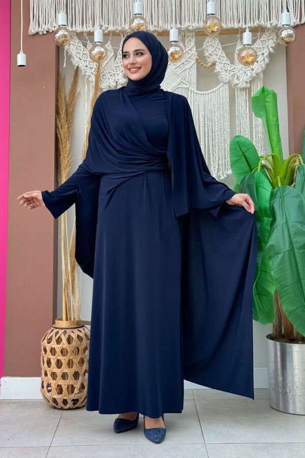 Şallı Drape Detaylı Sandy Elbise 3922 Lacivert - 1