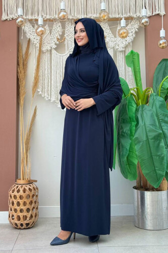 Şallı Drape Detaylı Sandy Elbise 3922 Lacivert - 3