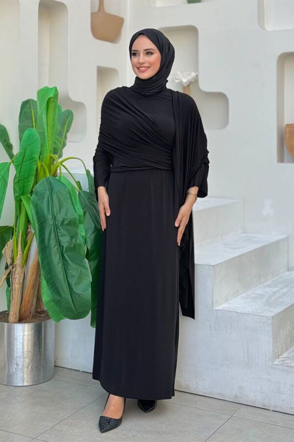 Şallı Drape Detaylı Sandy Elbise 3922 Siyah - 1