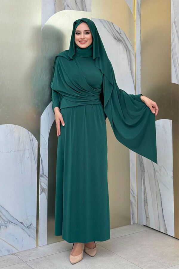 Şallı Drape Detaylı Sandy Elbise 3922 Zümrüt - 2