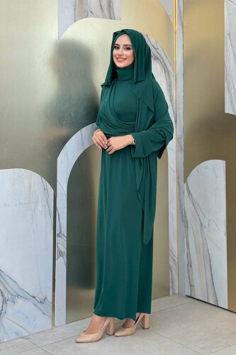 Şallı Drape Detaylı Sandy Elbise 3922 Zümrüt - 3