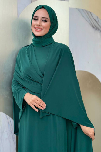 Şallı Drape Detaylı Sandy Elbise 3922 Zümrüt - 4