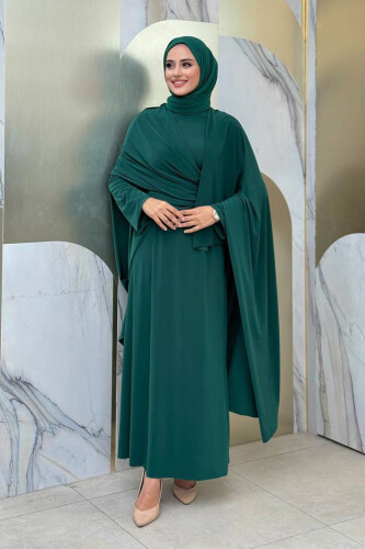 Şallı Drape Detaylı Sandy Elbise 3922 Zümrüt 