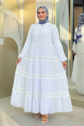 Dantel Detay Şifon Elbise 3923 Ekru - Bym Fashion