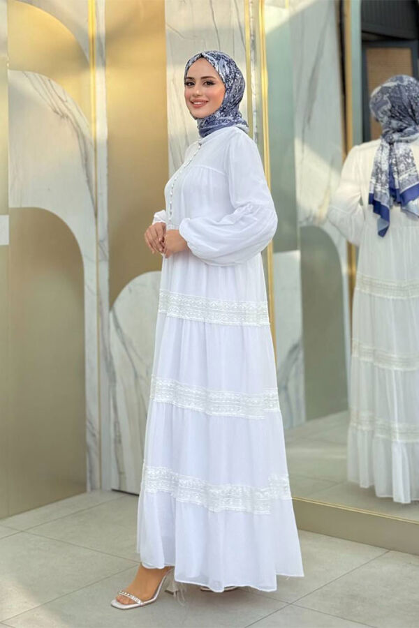 Dantel Detay Şifon Elbise 3923 Ekru - 3