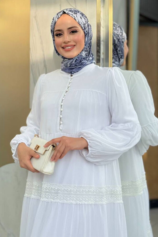 Dantel Detay Şifon Elbise 3923 Ekru - 4