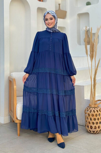 Dantel Detay Şifon Elbise 3923 Lacivert - Bym Fashion