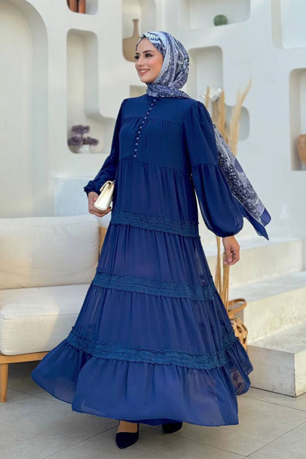 Dantel Detay Şifon Elbise 3923 Lacivert - 3