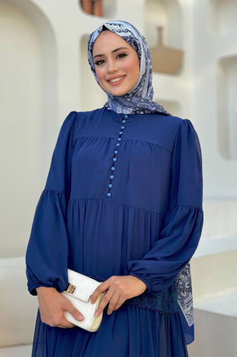 Dantel Detay Şifon Elbise 3923 Lacivert - 4