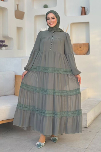 Dantel Detay Şifon Elbise 3923 Mint - Bym Fashion