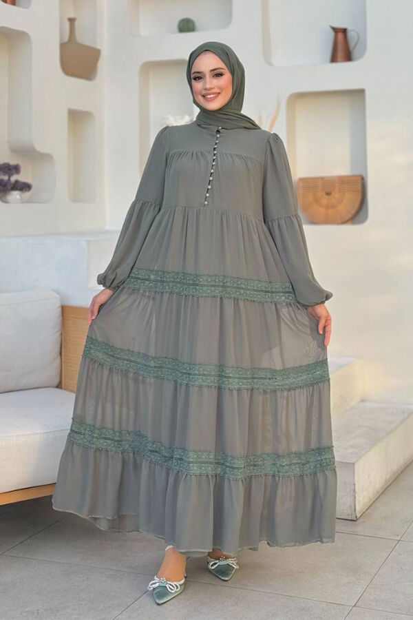 Dantel Detay Şifon Elbise 3923 Mint - 1
