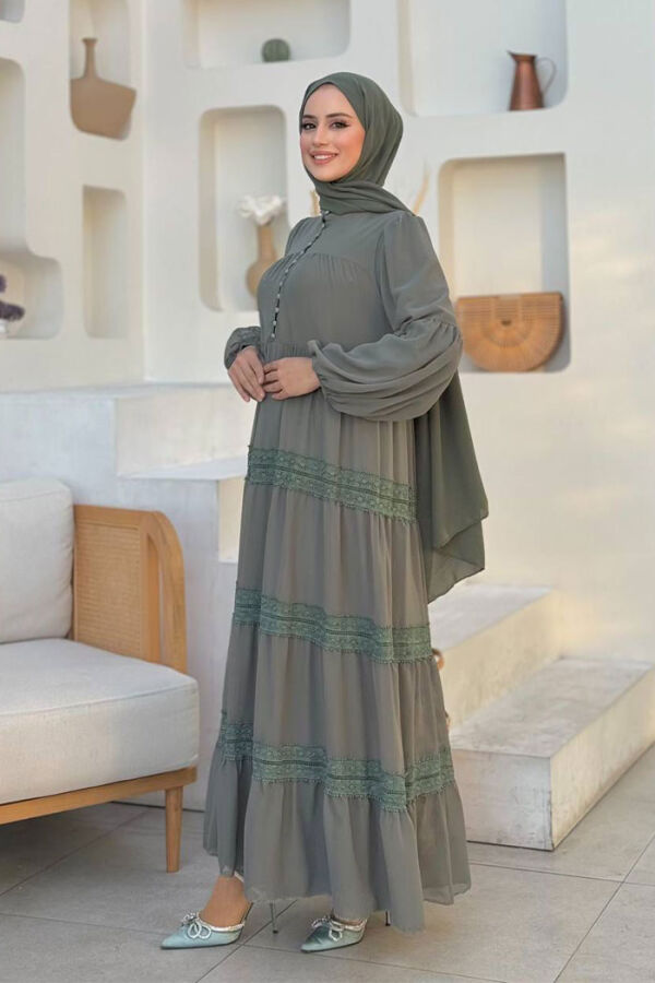 Dantel Detay Şifon Elbise 3923 Mint - 3