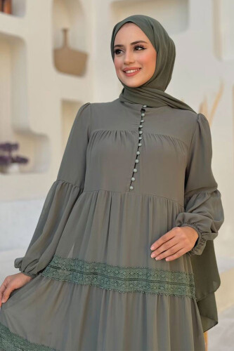 Dantel Detay Şifon Elbise 3923 Mint - 4