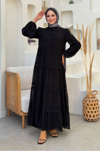 Dantel Detay Şifon Elbise 3923 Siyah - Bym Fashion