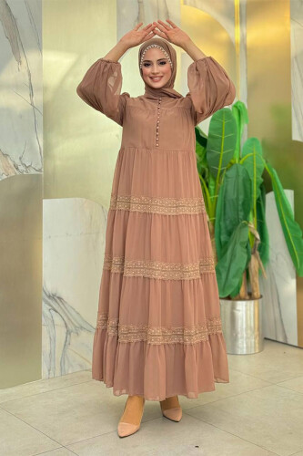 Dantel Detay Şifon Elbise 3923 Vizon - Bym Fashion