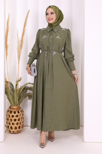 Taş Detaylı Jakar Elbise 3924 Haki - Bym Fashion