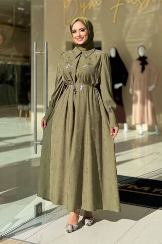 Taş Detaylı Jakar Elbise 3924 Haki - Bym Fashion