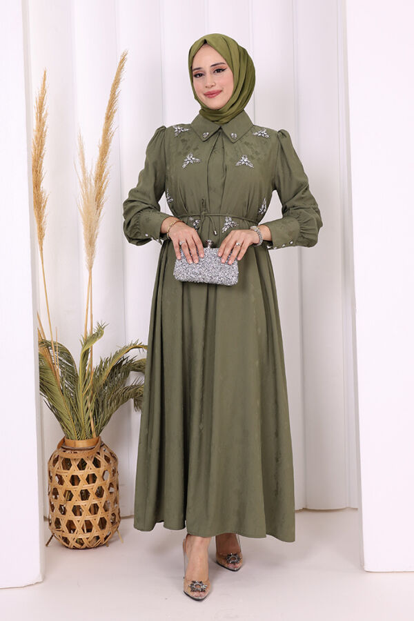 Taş Detaylı Jakar Elbise 3924 Haki - 2