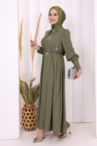 Taş Detaylı Jakar Elbise 3924 Haki - 3