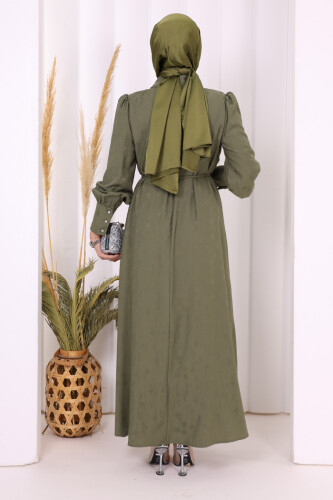 Taş Detaylı Jakar Elbise 3924 Haki - 4