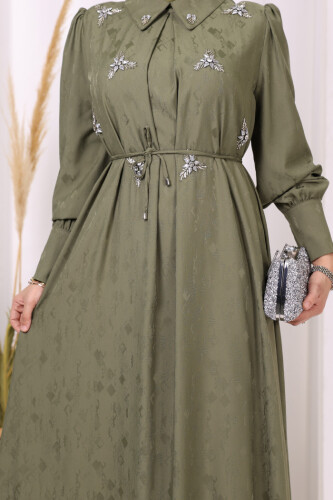 Taş Detaylı Jakar Elbise 3924 Haki - 6