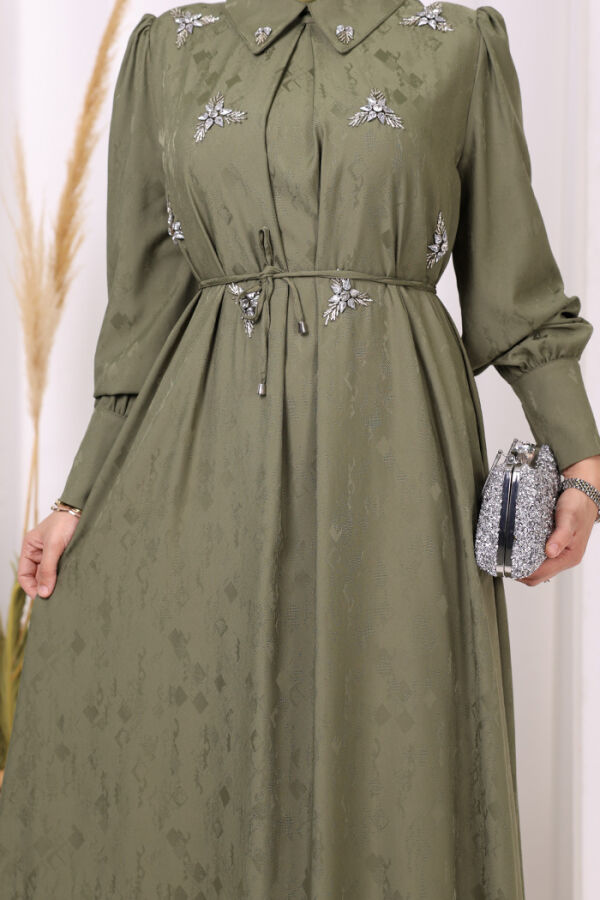 Taş Detaylı Jakar Elbise 3924 Haki - 6