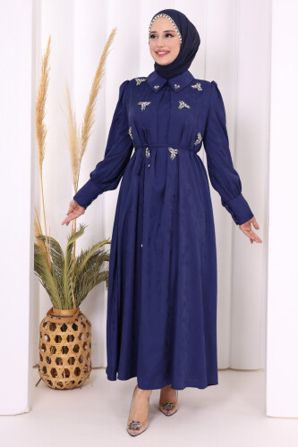 Taş Detaylı Jakar Elbise 3924 Lacivert 