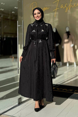 Taş Detaylı Jakar Elbise 3924 Siyah - Bym Fashion