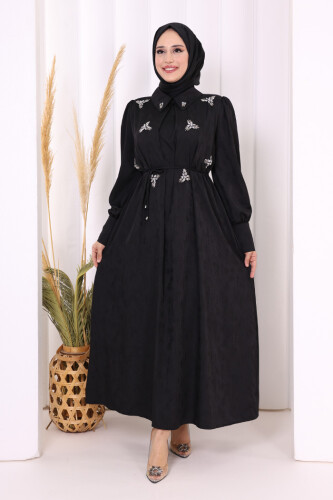 Taş Detaylı Jakar Elbise 3924 Siyah 