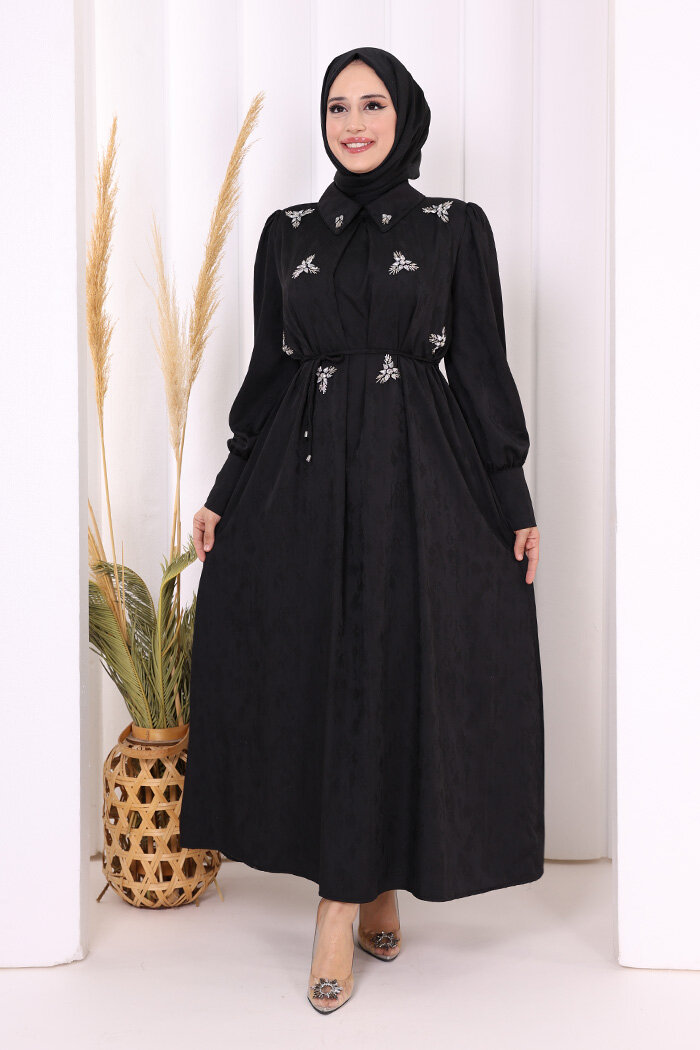 Taş Detaylı Jakar Elbise 3924 Siyah - 1