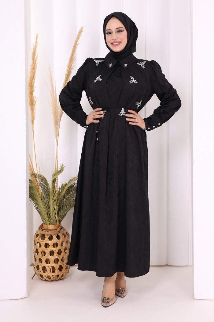 Taş Detaylı Jakar Elbise 3924 Siyah - 2