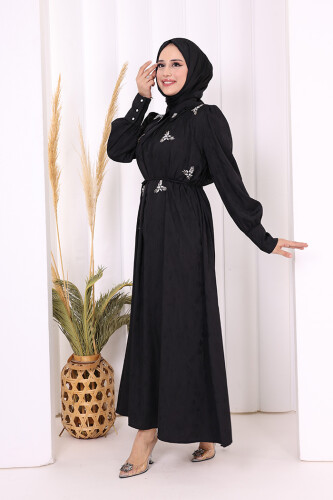 Taş Detaylı Jakar Elbise 3924 Siyah - 3