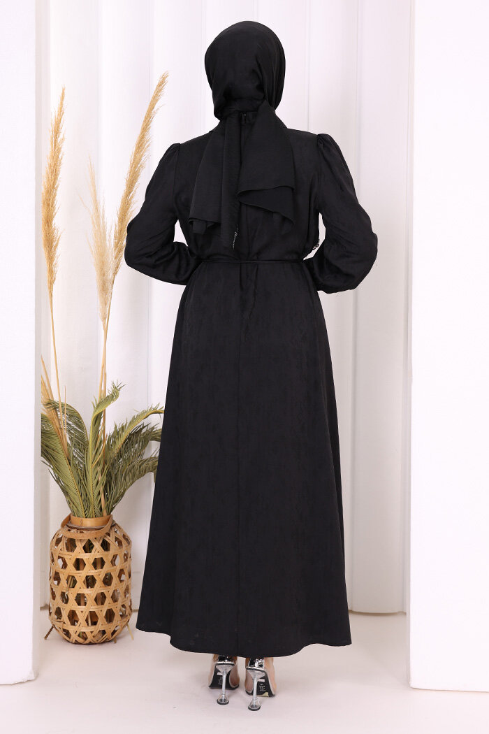 Taş Detaylı Jakar Elbise 3924 Siyah - 4