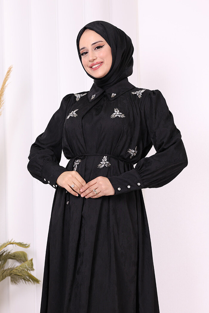 Taş Detaylı Jakar Elbise 3924 Siyah - 5