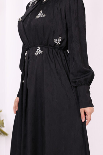 Taş Detaylı Jakar Elbise 3924 Siyah - 6