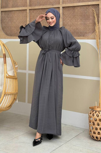 Kol Fırfır Detaylı Elbise 3925 Füme - Bym Fashion