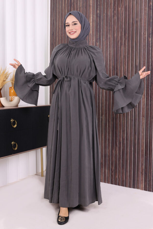 Kol Fırfır Detaylı Elbise 3925 Füme - 1