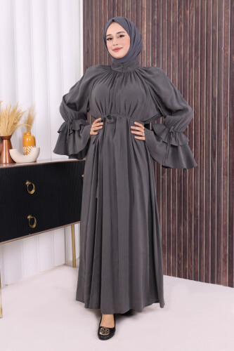 Kol Fırfır Detaylı Elbise 3925 Füme - 2