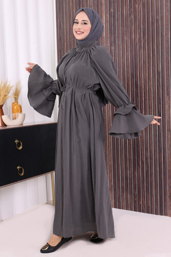 Kol Fırfır Detaylı Elbise 3925 Füme - 3