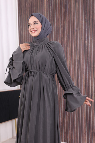 Kol Fırfır Detaylı Elbise 3925 Füme - 5