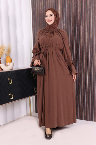 Kol Fırfır Detaylı Elbise 3925 Kahverengi 