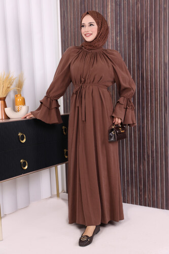 Kol Fırfır Detaylı Elbise 3925 Kahverengi - 3