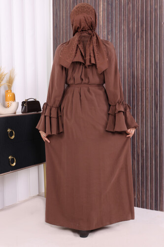 Kol Fırfır Detaylı Elbise 3925 Kahverengi - 4