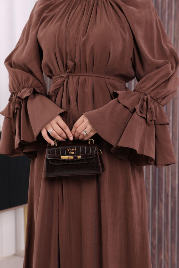 Kol Fırfır Detaylı Elbise 3925 Kahverengi - 6