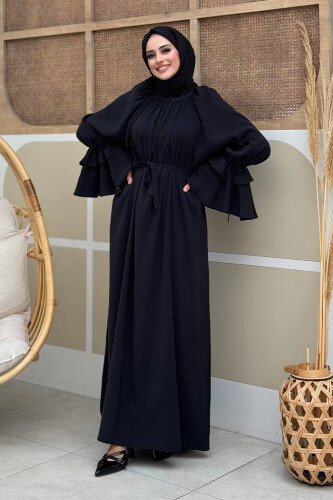 Kol Fırfır Detaylı Elbise 3925 Siyah - Bym Fashion